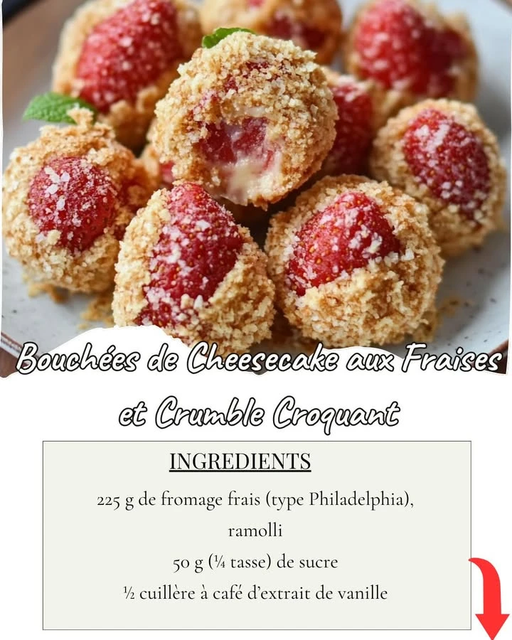 Bites of Strawberry Cheesecake with Crunchy Crumble