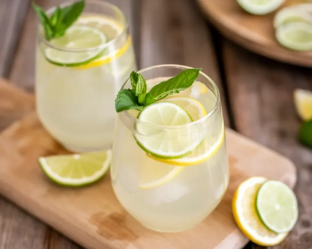 Refreshing Fresh Lemon-Lime Fizz mocktail with lemon and lime slices
