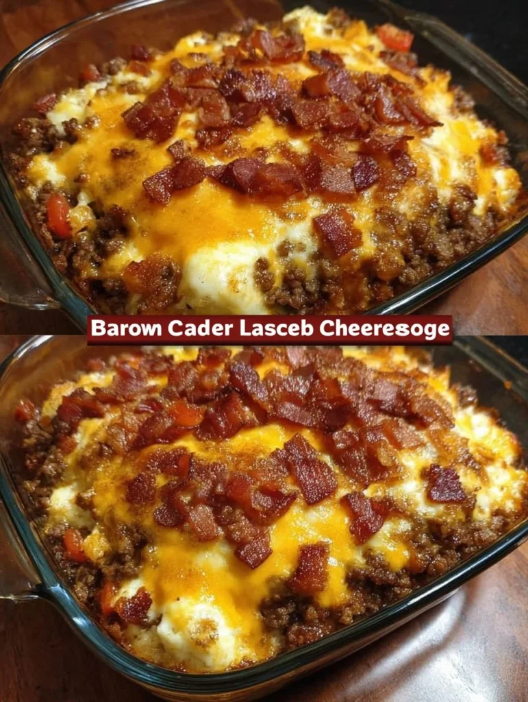 Delicious Bacon Cheeseburger Casserole topped with melted cheese and crispy bacon