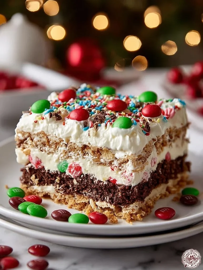 Christmas dessert lasagna with layers of cream and festive decorations