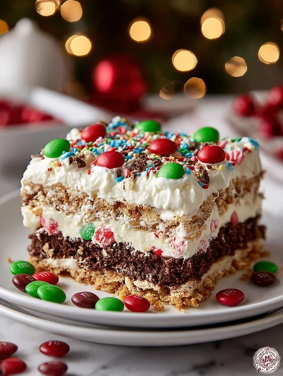 Christmas dessert lasagna with layers of cream and festive decorations