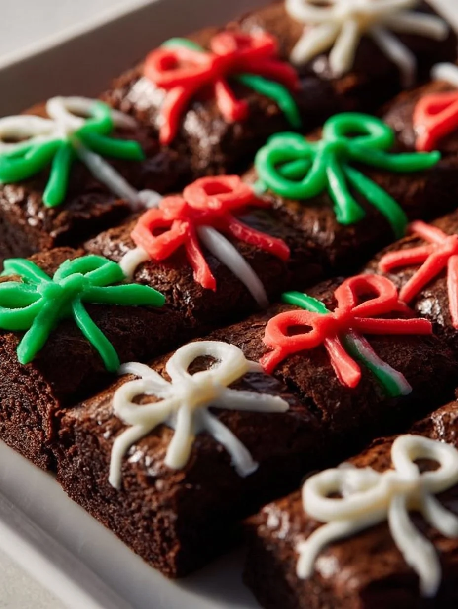 Decadent Christmas Present Brownies decorated for the festive season.