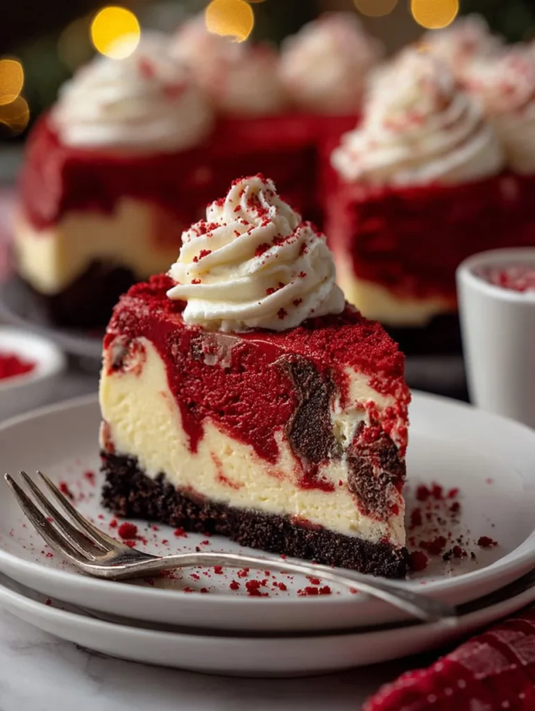 Christmas Red Velvet Cheesecake topped with cream cheese frosting and festive decorations