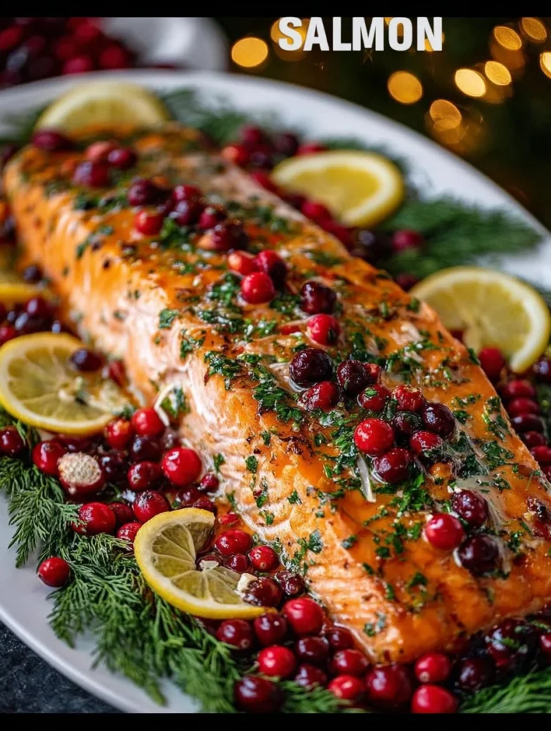 Christmas Salmon fillet beautifully plated for festive holiday dinner