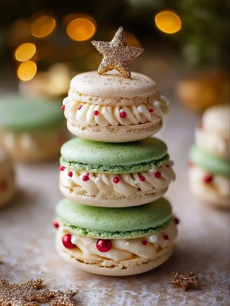 Festive Christmas Tree Cake Macarons decorated for the holiday season.