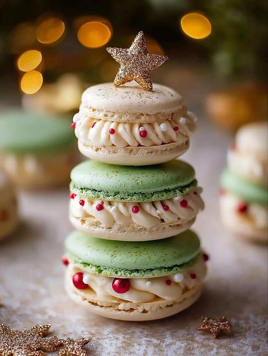 Festive Christmas Tree Cake Macarons decorated for the holiday season.