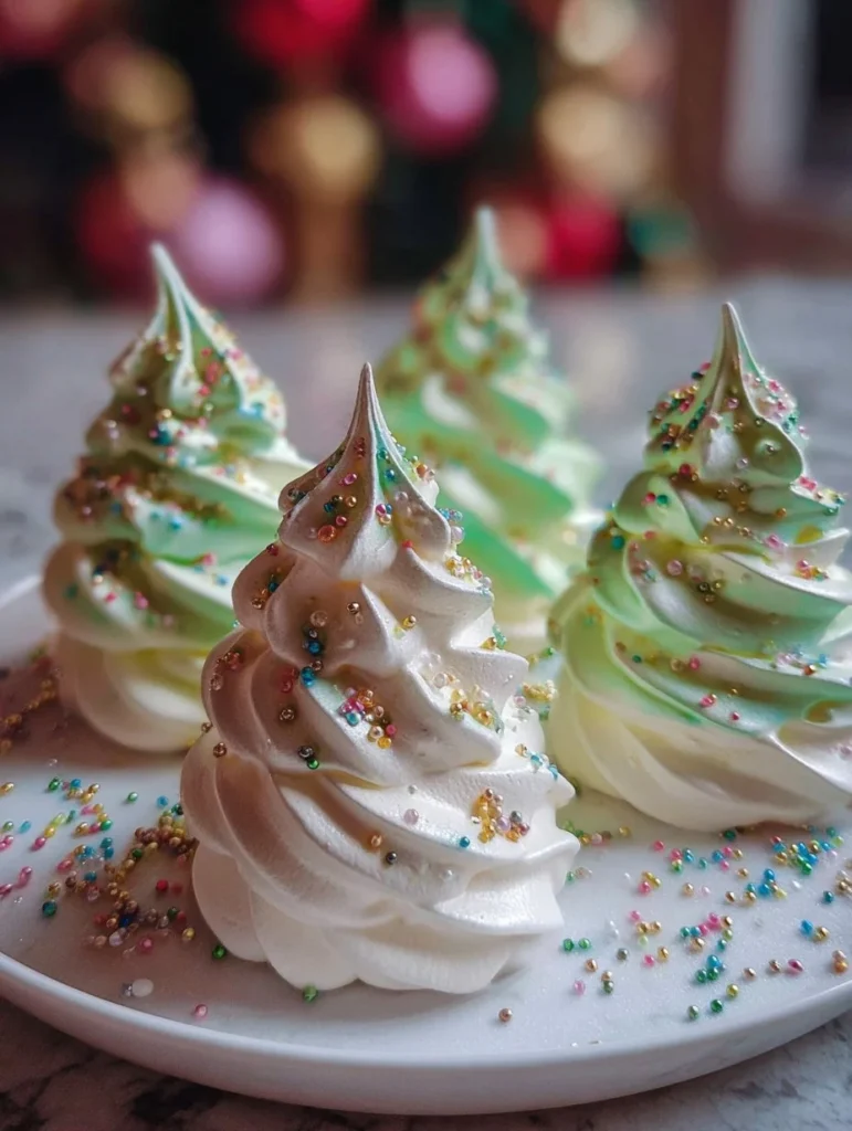 Festive Christmas tree meringues decorated with colorful icing and sprinkles