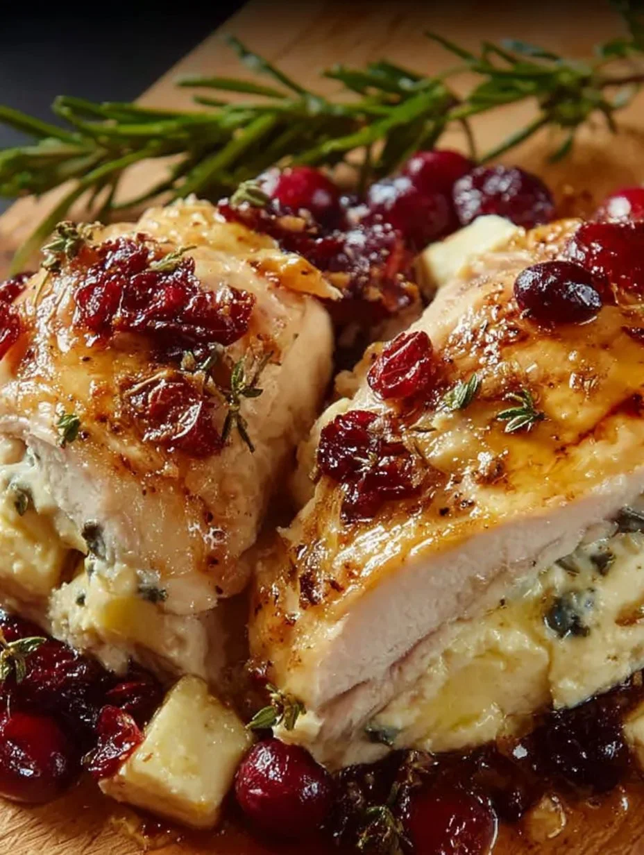 Cranberry Brie Stuffed Chicken served on a plate garnished with herbs
