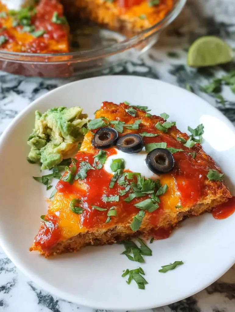 Crustless taco pie served on a plate with toppings