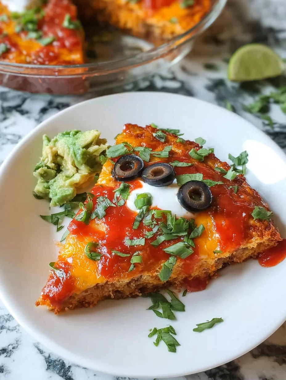 Crustless taco pie served on a plate with toppings