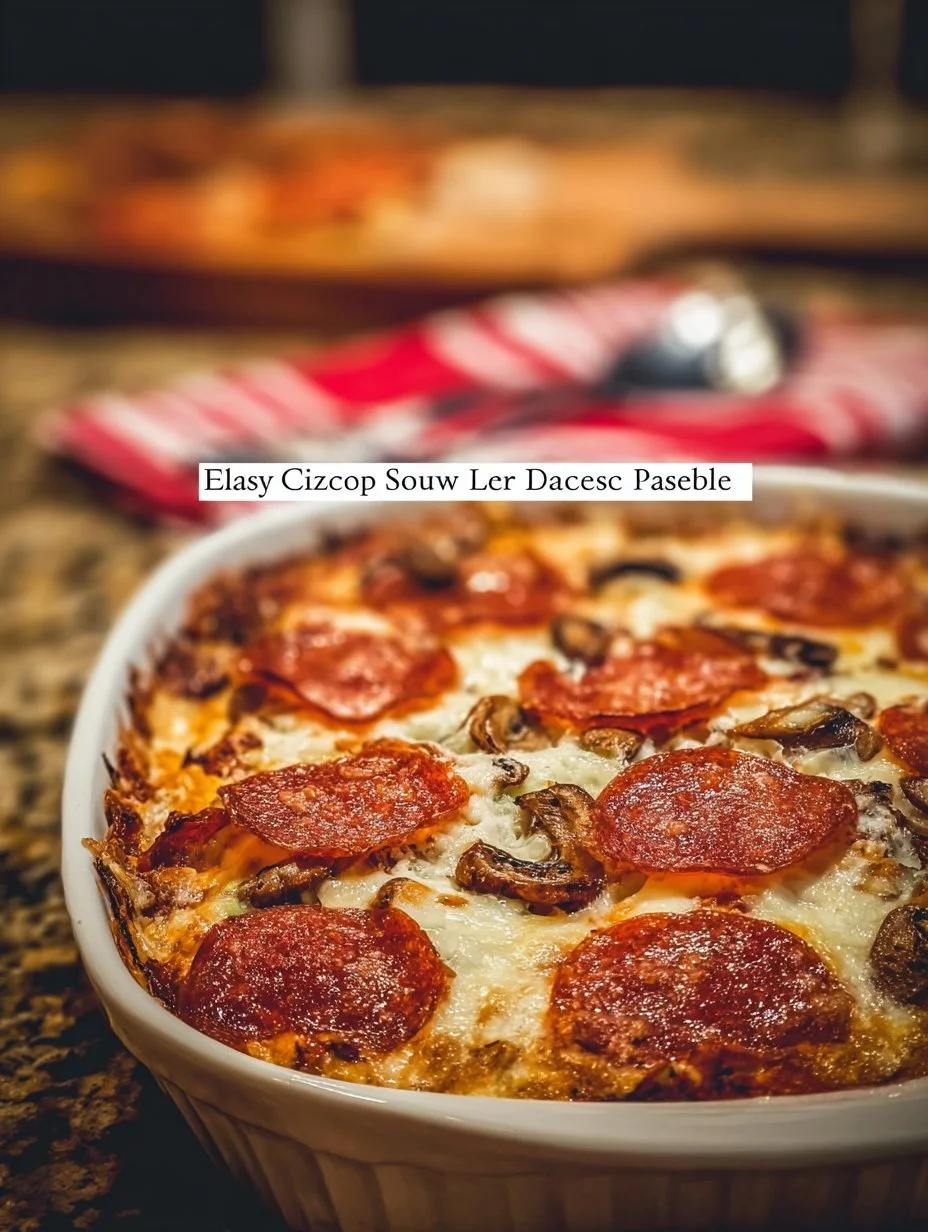 Delicious low carb pizza casserole topped with cheese and pepperoni.