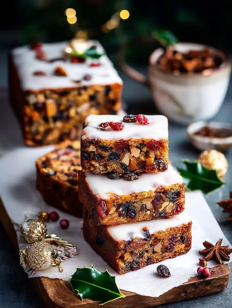 Delicious festive Christmas fruitcake traybake arranged on a holiday platter.