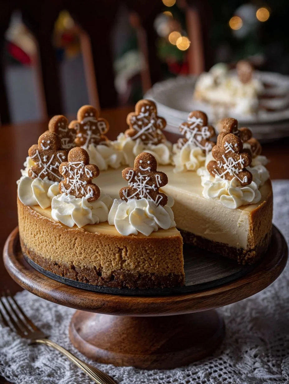 Slice of delicious Gingerbread Cheesecake topped with whipped cream and gingerbread crumbs.