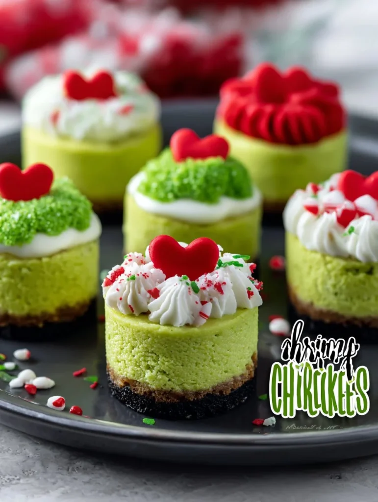 Festive Grinch mini cheesecakes topped with green frosting and red decorations