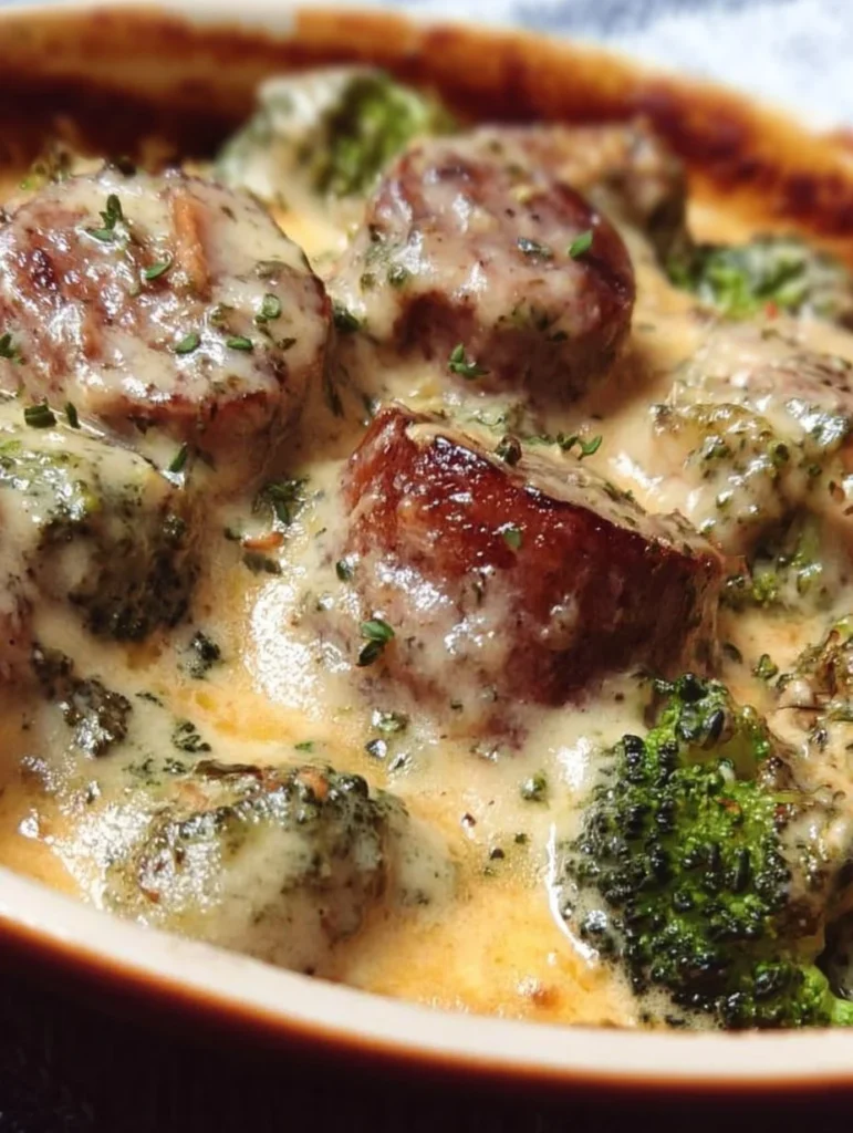 Keto Broccoli and Cauliflower Au Gratin with Sausage, a healthy low-carb recipe