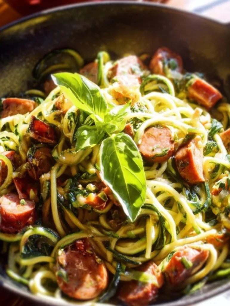 Delicious Keto Creamy Tuscan Zucchini Noodles with Sausage dish