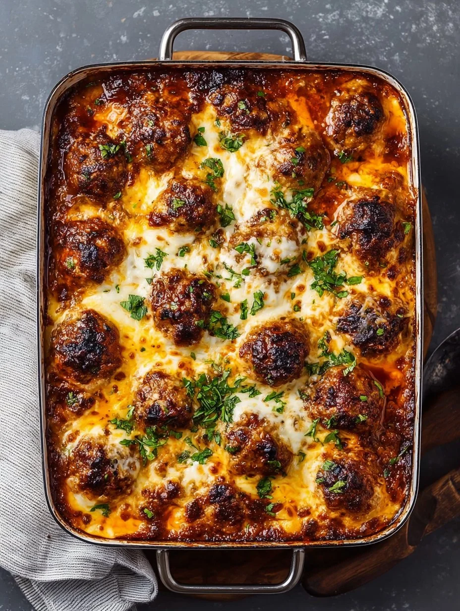 Keto Meatball Parmesan Casserole 1 Keto Meatball Parmesan Casserole topped with melted cheese and herbs