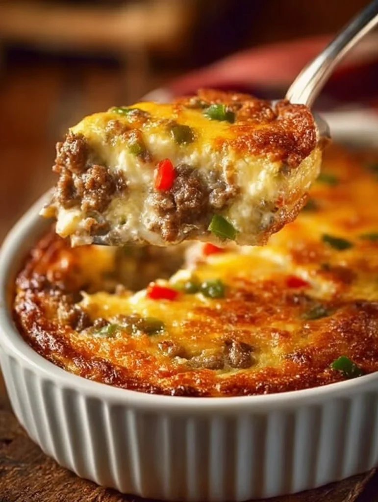 Delicious Low Carb Philly Cheesesteak Casserole topped with melted cheese