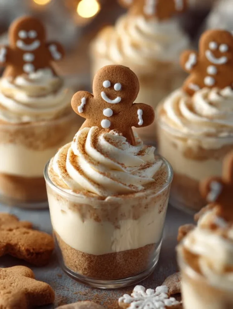 Delicious no-bake gingerbread cheesecake cups decorated with whipped cream and spices.