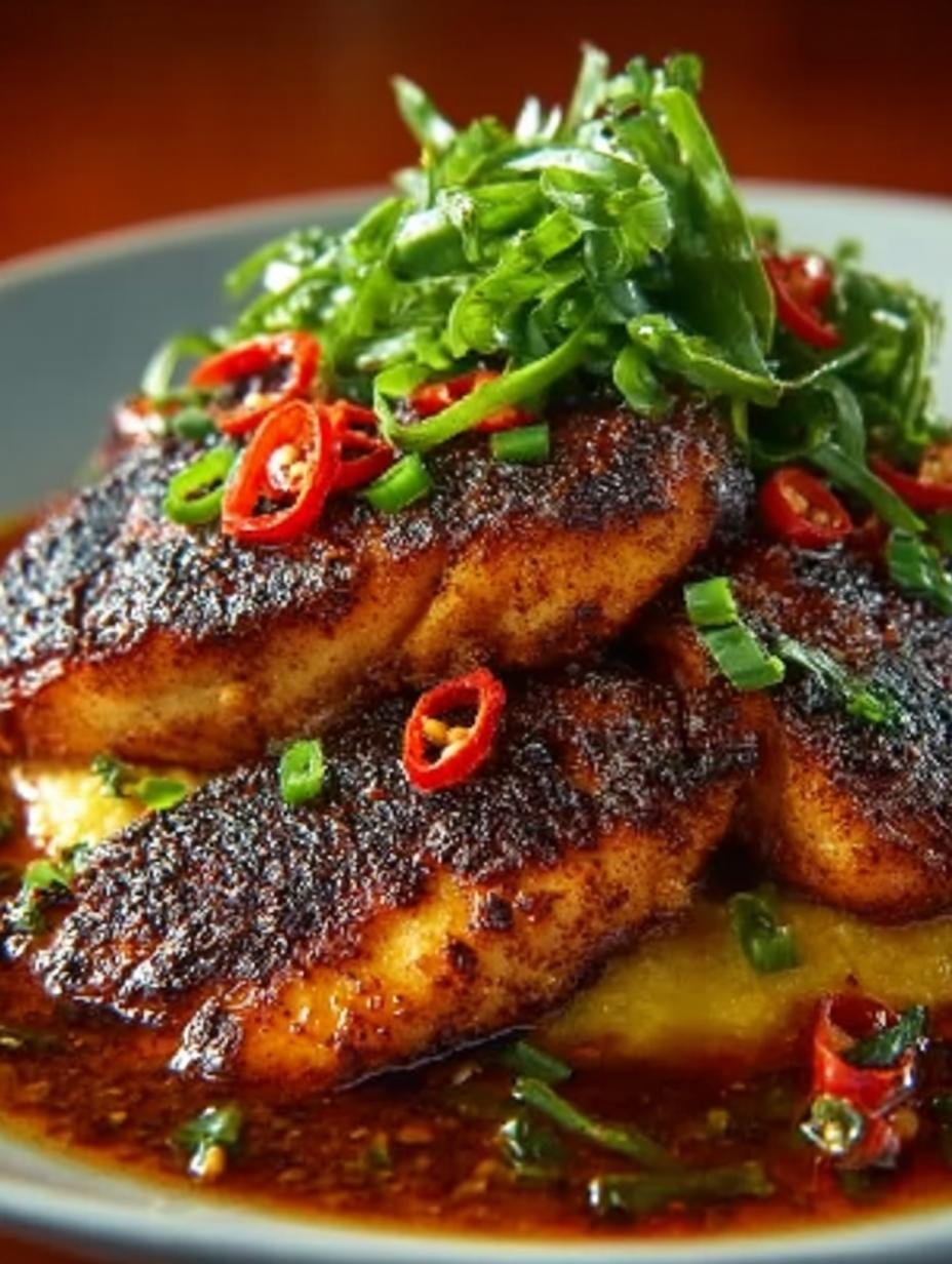 Blackened Catfish with Spicy Cheese Grits Recipe - Blackened Catfish with Spicy - main visual representation