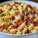 Delicious Bacon Ranch Pasta Salad with crispy bacon and creamy dressing