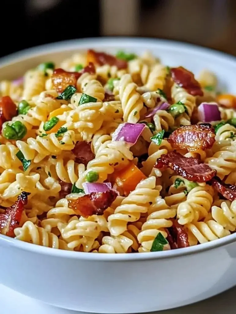 Delicious Bacon Ranch Pasta Salad with crispy bacon and creamy dressing