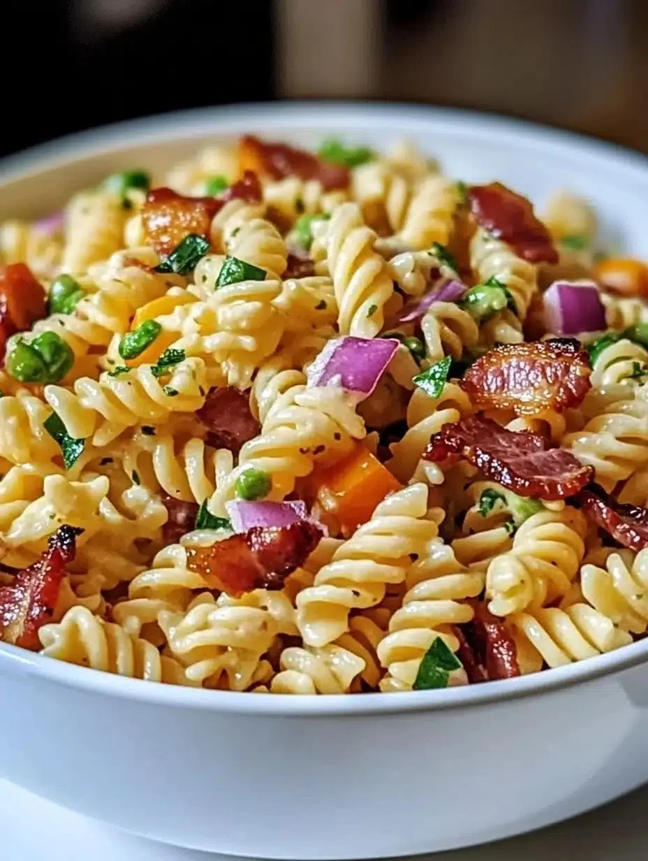 Delicious Bacon Ranch Pasta Salad with crispy bacon and creamy dressing