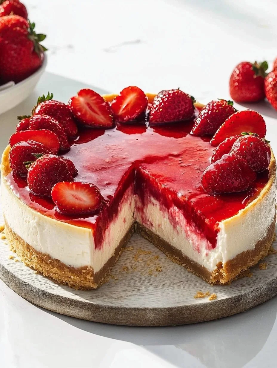 Delicious homemade strawberry cheesecake topped with fresh strawberries