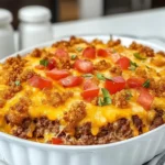 Cheeseburger Crispy Crown Casserole topped with crispy potato crowns