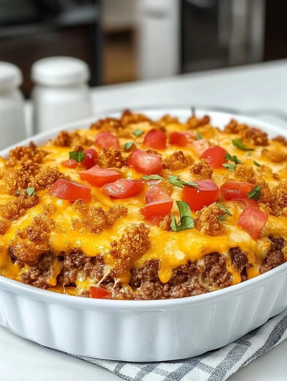 Cheeseburger Crispy Crown Casserole 1 Cheeseburger Crispy Crown Casserole topped with crispy potato crowns