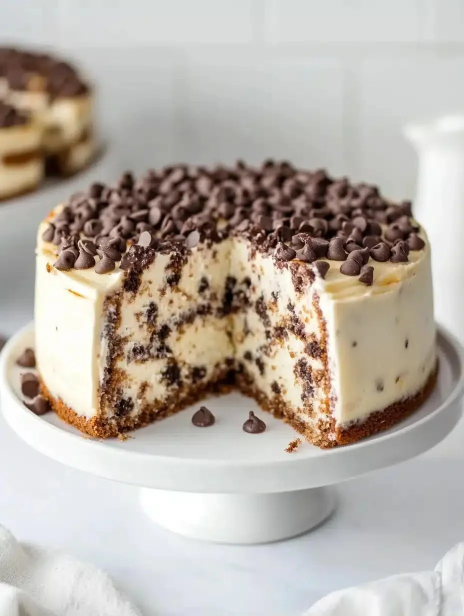 Delicious Chocolate Chip Cheesecake Cake topped with chocolate chips