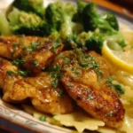 Cowboy Butter Lemon Bowtie Chicken with Broccoli on a plate