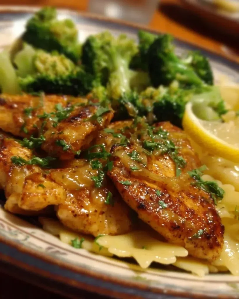 Cowboy Butter Lemon Bowtie Chicken with Broccoli on a plate