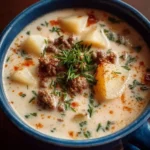 Bowl of creamy potato hamburger soup made in a crockpot