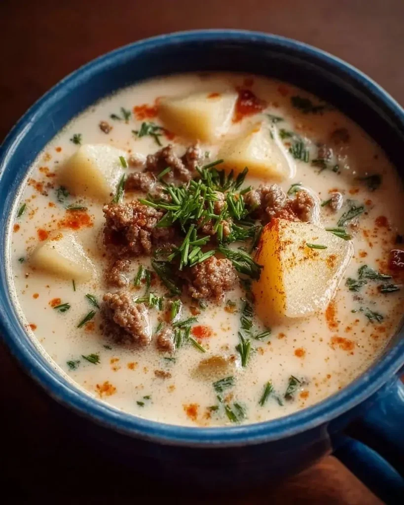 Bowl of creamy potato hamburger soup made in a crockpot