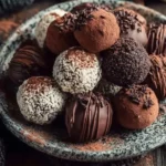 A plate of easy no-bake chocolate truffles garnished with cocoa powder