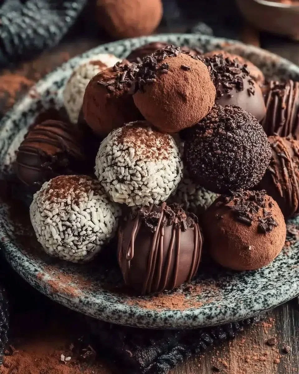 Easy No-Bake Chocolate Truffles 1 A plate of easy no-bake chocolate truffles garnished with cocoa powder