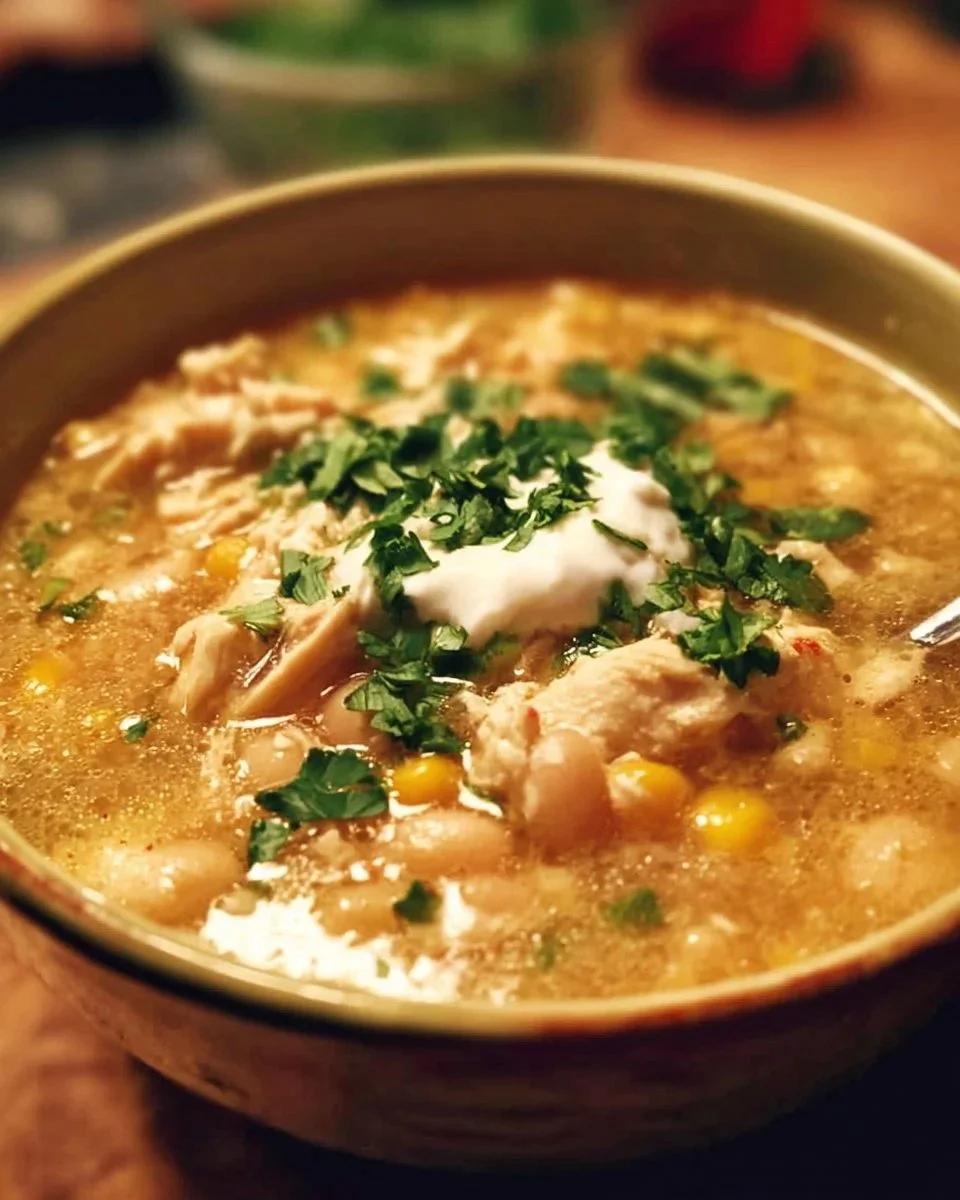 Easy White Chicken Chili 1 Bowl of easy white chicken chili with toppings of cilantro and lime