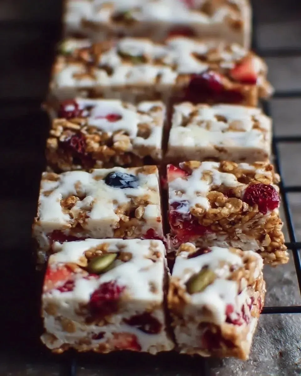 Homemade frozen yogurt granola bars topped with fresh fruit and nuts