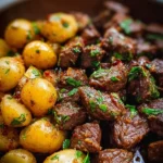 Delicious garlic butter beef bites served with golden potatoes