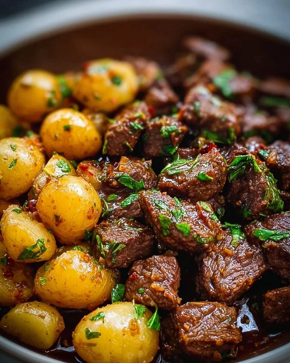 Delicious garlic butter beef bites served with golden potatoes