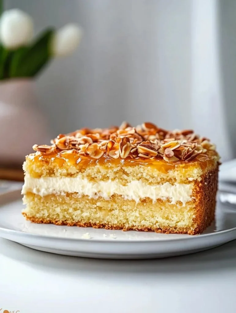 Delicious slice of German Bee Sting Cake with honey almond topping and cream filling.