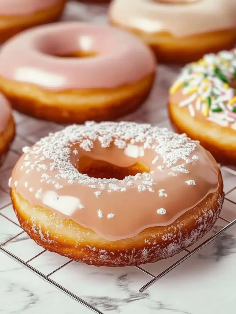 Freshly made glazed donuts topped with a sweet glaze