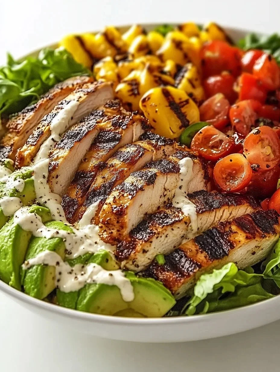 Delicious grilled chicken and avocado salad bowl with fresh vegetables
