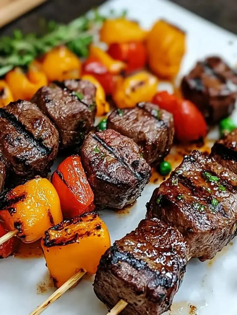 Delicious grilled steak kabobs on skewers with vibrant bell peppers and onions