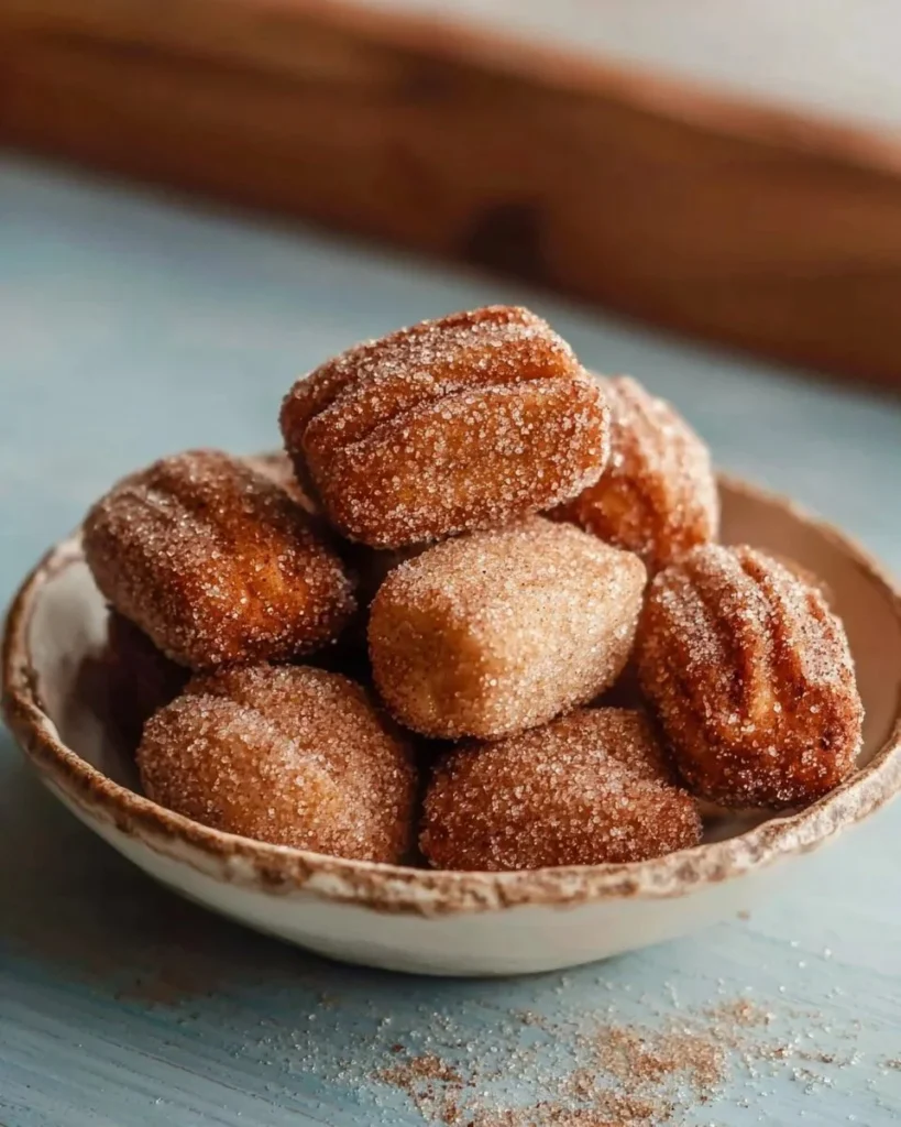 Healthy baked churro bites dusted with cinnamon sugar on a plate