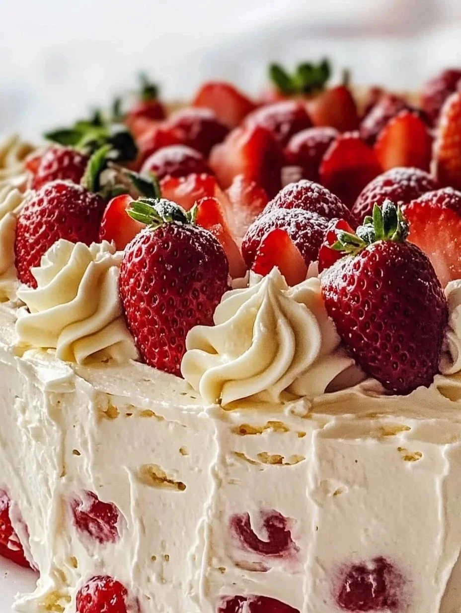 Homemade Strawberry Italian Cream Pound Cake 1 Slice of homemade strawberry Italian cream pound cake with fresh strawberries on top.