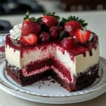 Irresistible red velvet cheesecake topped with strawberries on a white plate