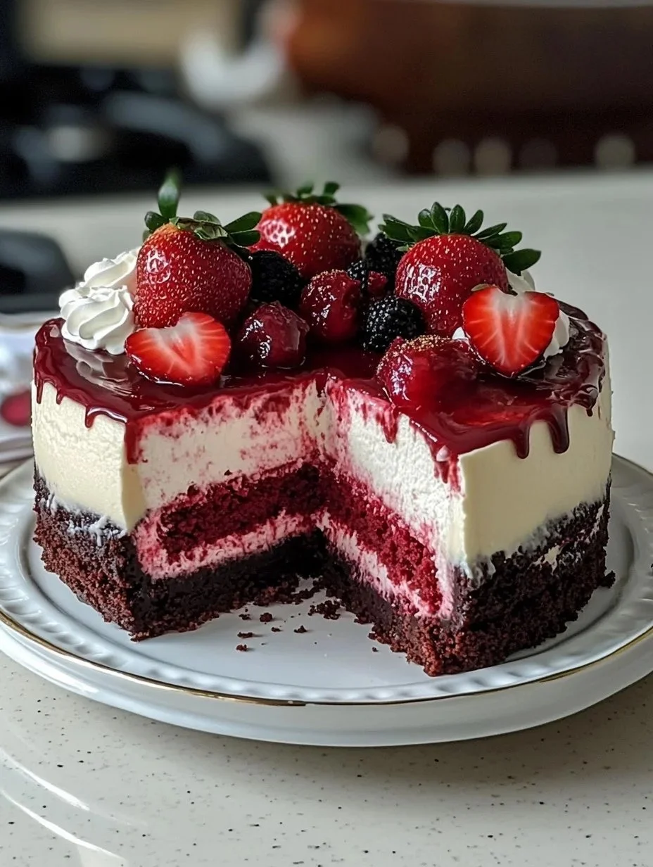 Irresistible red velvet cheesecake topped with strawberries on a white plate