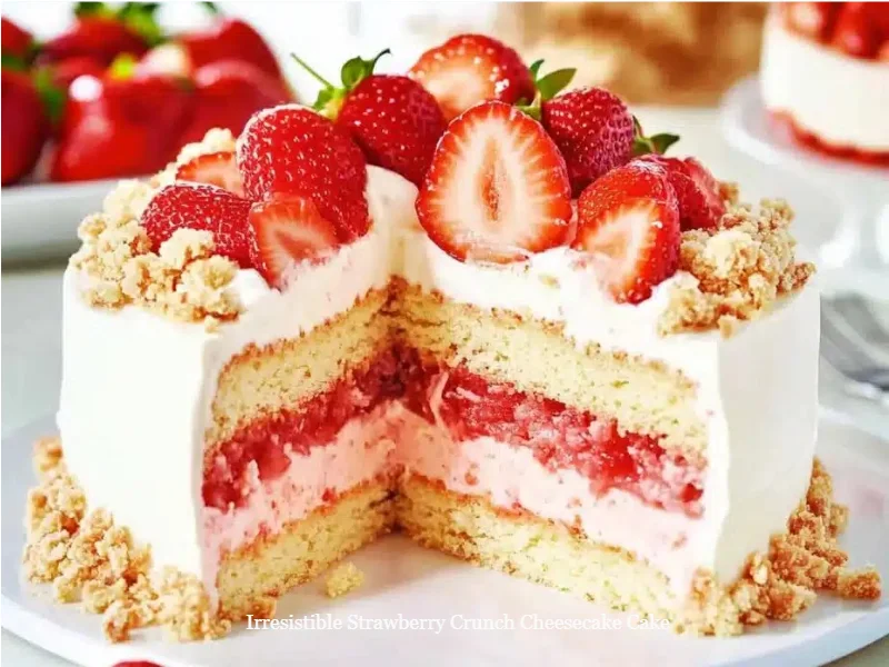 Irresistible strawberry crunch cheesecake cake topped with fresh strawberries